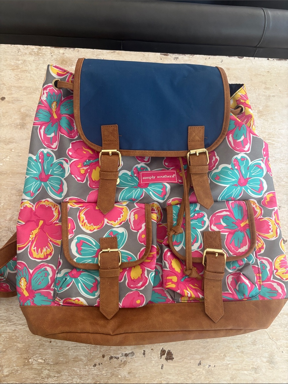 Simply Southern Floral Canvas Backpack - Navy, Pink & Teal